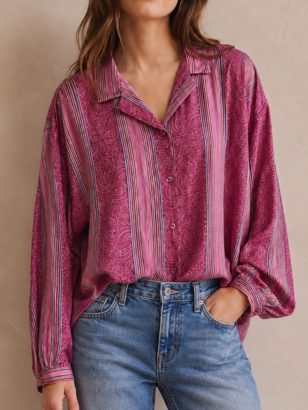 Vintage Plus Size Appeal Pink Paisley Stripe Button Down Blouse